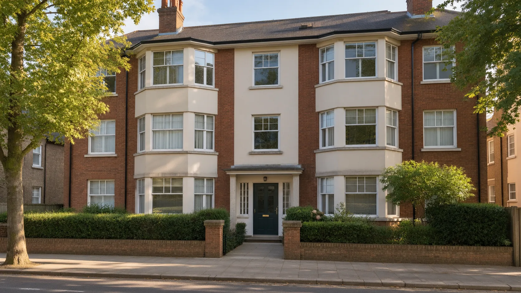 Home Low-rise residential apartment building on a leafy street in late afternoon light