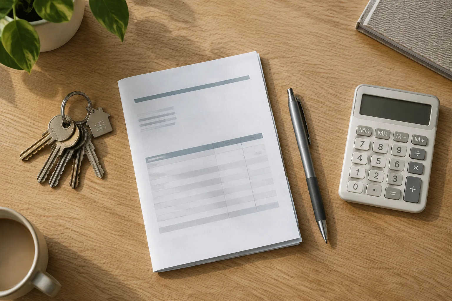 Home Keys, a tenancy statement and a calculator on a desk