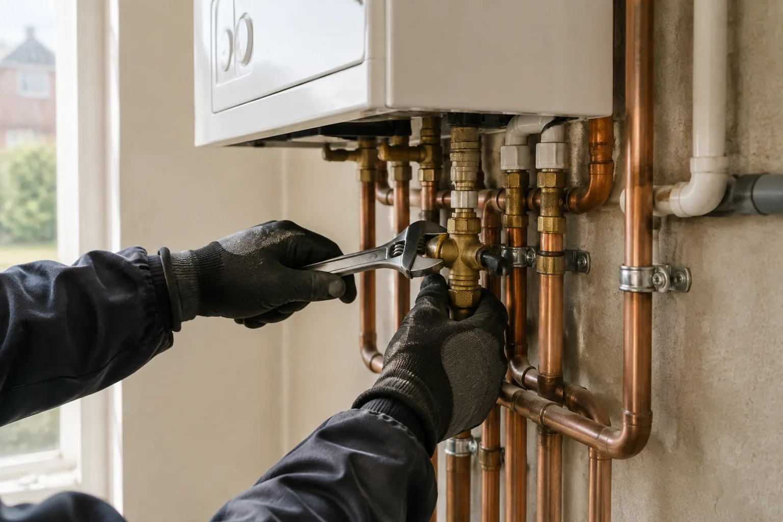 Home Engineer's hands working on pipework beside a wall-mounted boiler