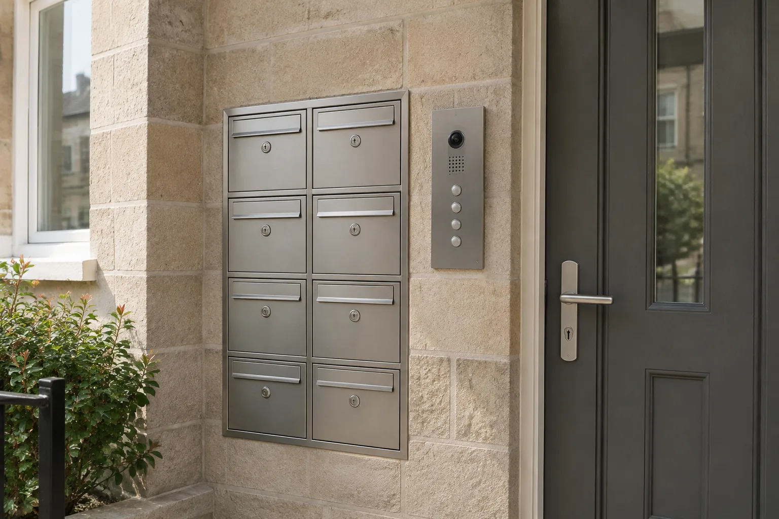 Letterboxes and entry intercom beside a residential front door