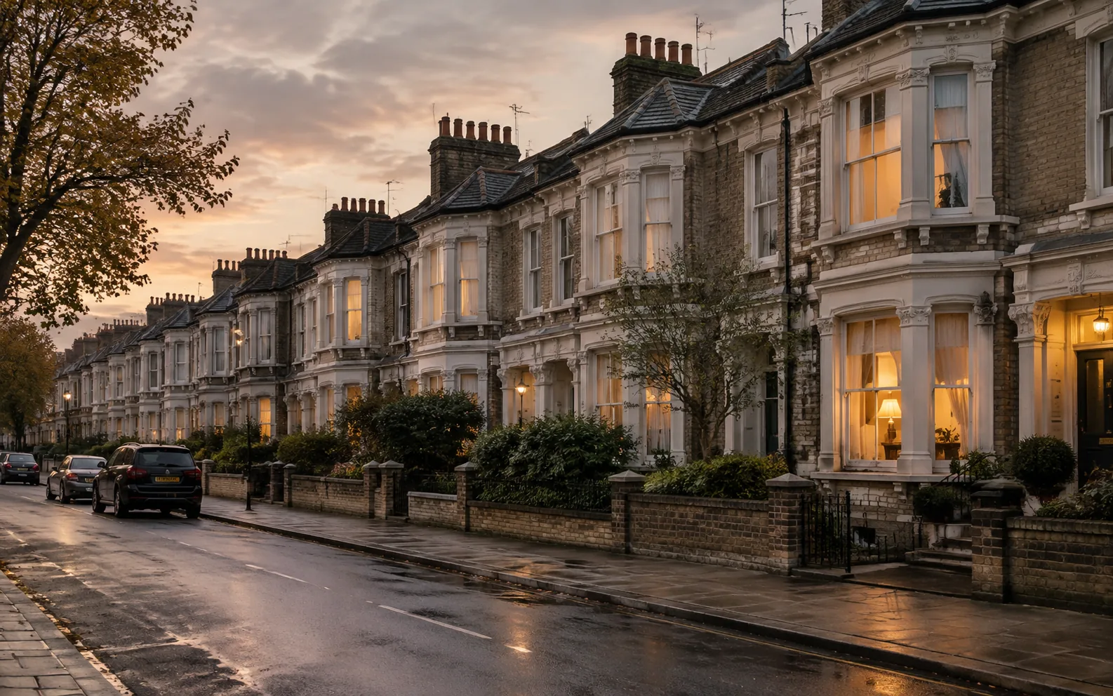 Home Terrace of period mansion blocks on a residential street at dusk