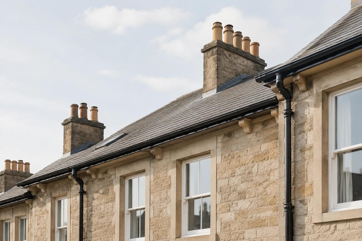 Roofline and gutters of a low-rise residential block