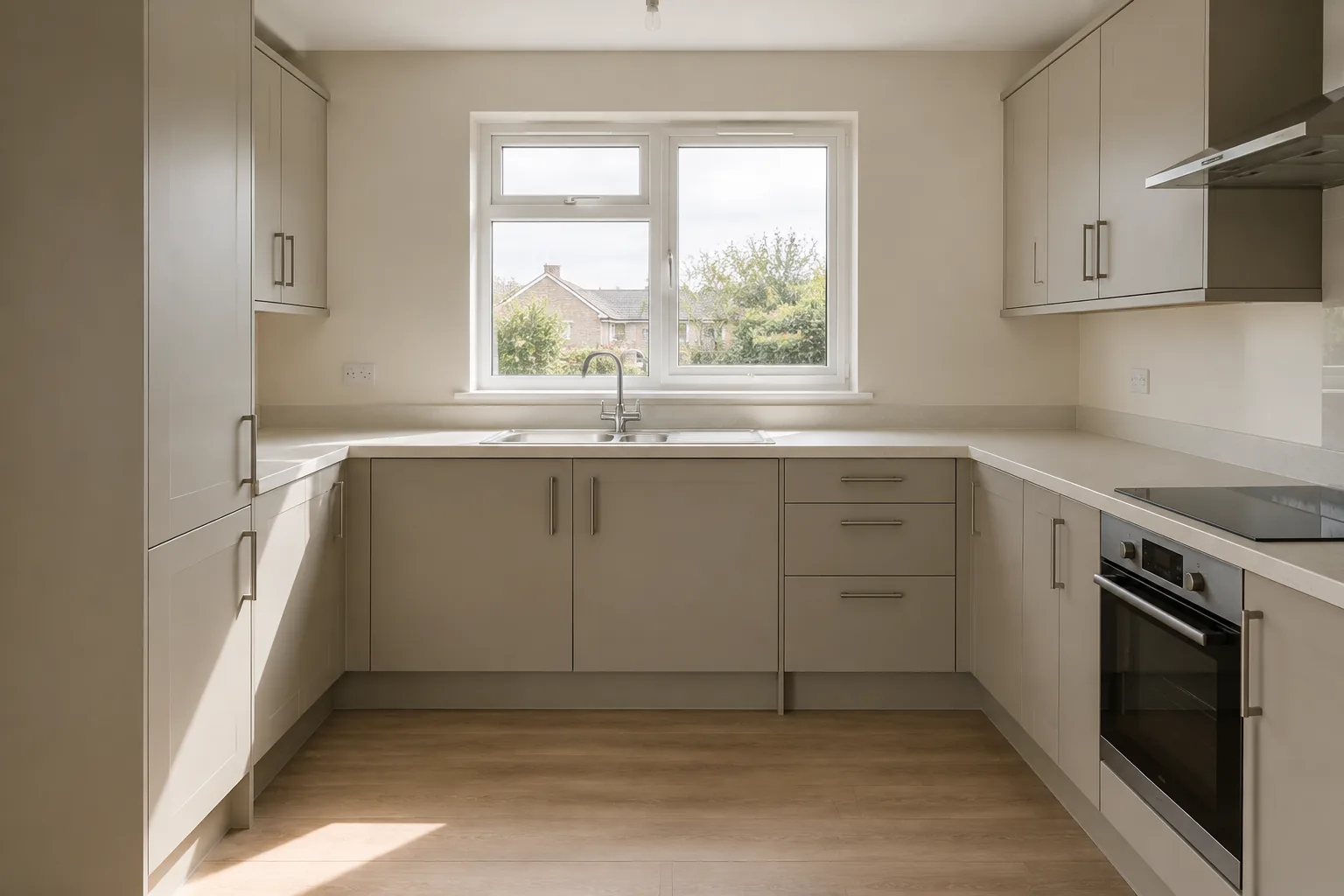 Clean empty kitchen of a rented apartment