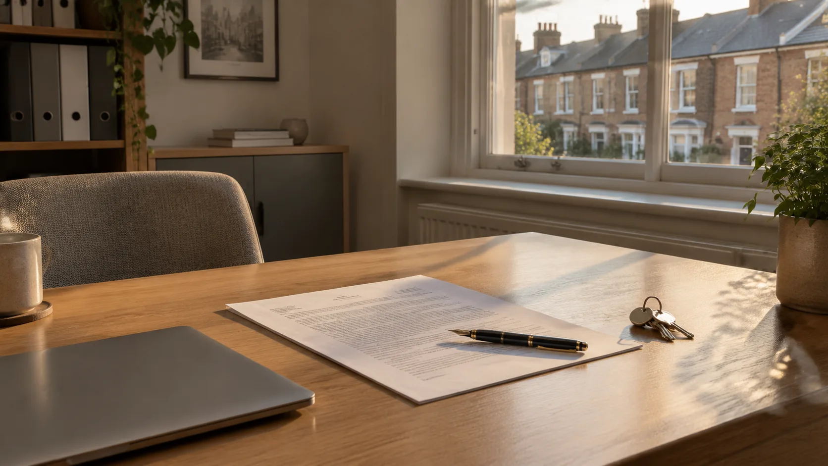 Home A management agreement and a set of door keys on a desk in a property management office