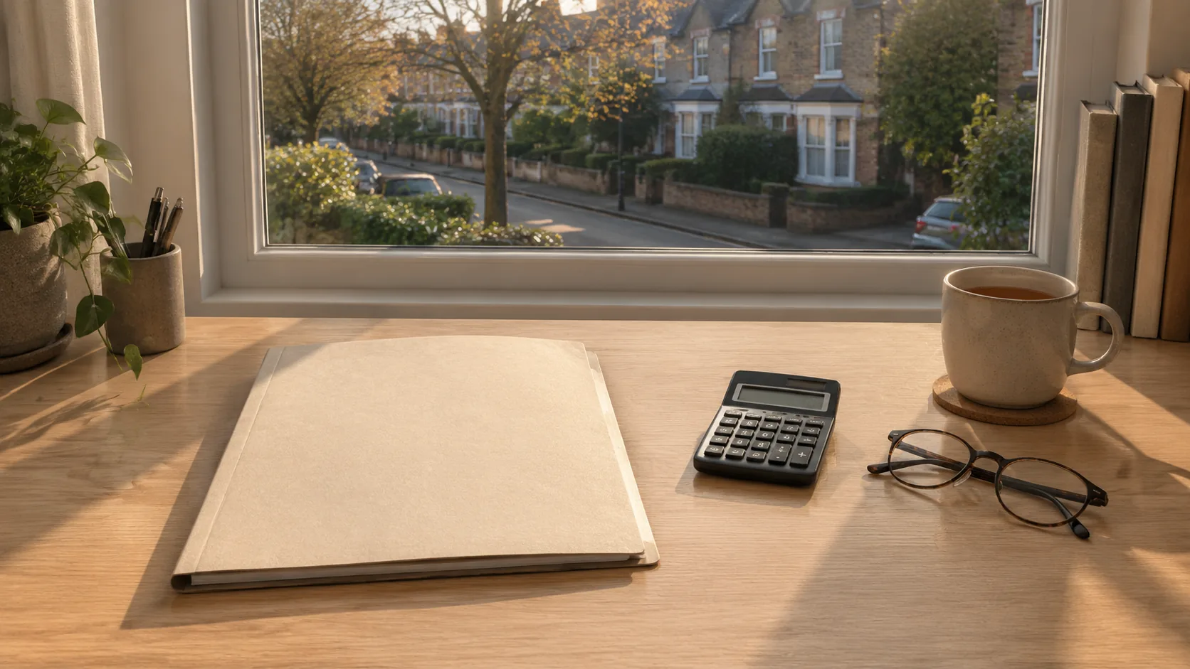 Home A closed document folder, a pocket calculator and reading glasses on a desk beside a window